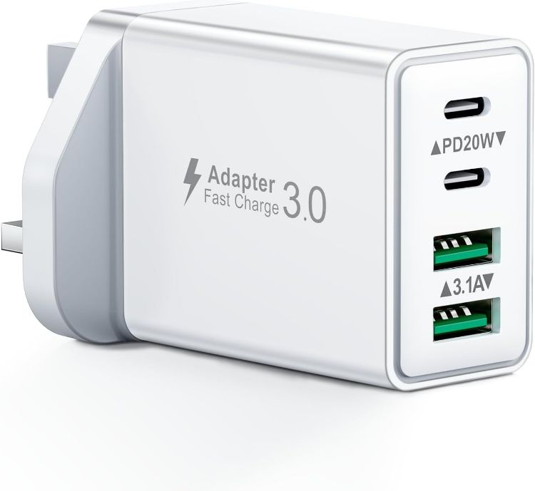Picture of USB C Plug Fast Charge, 40W Multi USB Plug Fast Charger UK Charging Plug for iPhone 16 15 14 13 12 11 Pro Max Plus X XS XR, Samsung, Multiport USB Wall Plug Dual USBC Power Adapter Type C Charger Head