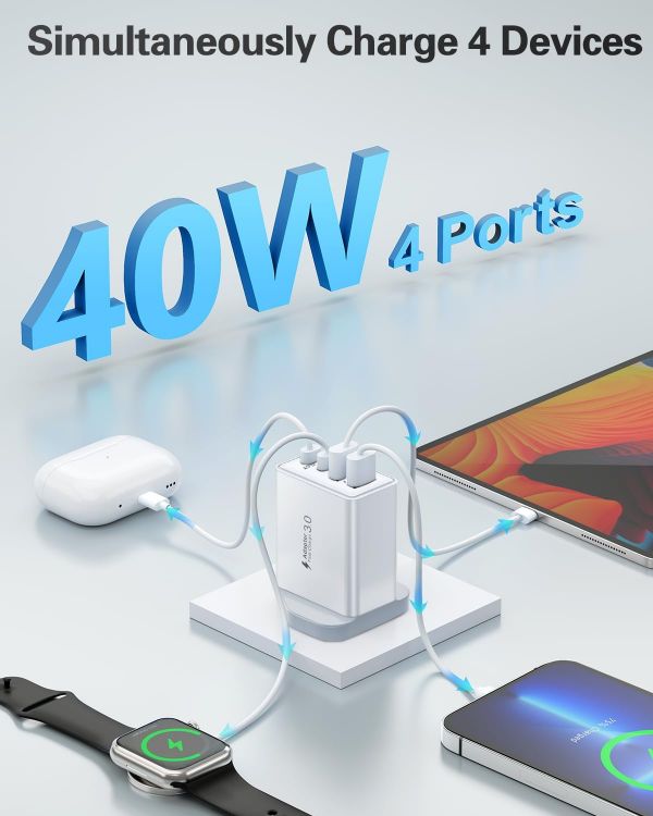 Picture of USB C Plug Fast Charge, 40W Multi USB Plug Fast Charger UK Charging Plug for iPhone 16 15 14 13 12 11 Pro Max Plus X XS XR, Samsung, Multiport USB Wall Plug Dual USBC Power Adapter Type C Charger Head