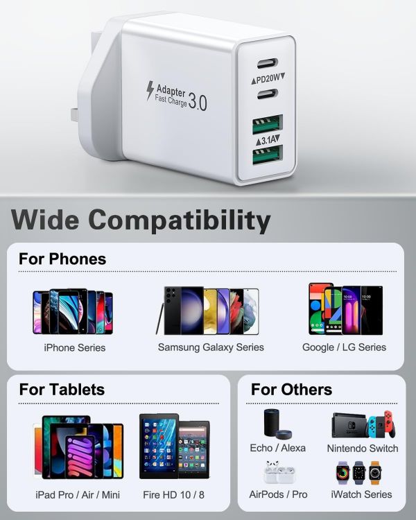 Picture of USB C Plug Fast Charge, 40W Multi USB Plug Fast Charger UK Charging Plug for iPhone 16 15 14 13 12 11 Pro Max Plus X XS XR, Samsung, Multiport USB Wall Plug Dual USBC Power Adapter Type C Charger Head