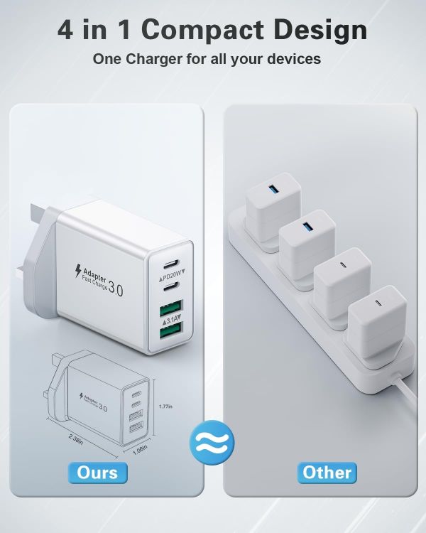 Picture of USB C Plug Fast Charge, 40W Multi USB Plug Fast Charger UK Charging Plug for iPhone 16 15 14 13 12 11 Pro Max Plus X XS XR, Samsung, Multiport USB Wall Plug Dual USBC Power Adapter Type C Charger Head