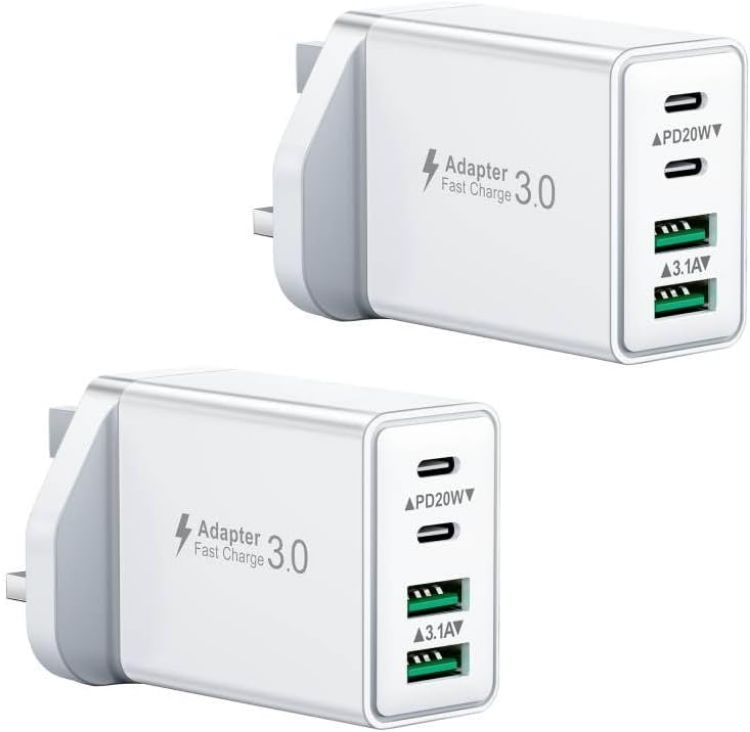 Picture of 2-Pack 40W USB C Plug, Multi UK USB Plug Fast Charger Plug Multiple Charging Head 4-Port Dual Type C Power Adapter Multiport Wall Plug for iPhone 16 15 14 13 12 11 Pro Max Plus X XS XR 8,iPad,Samsung