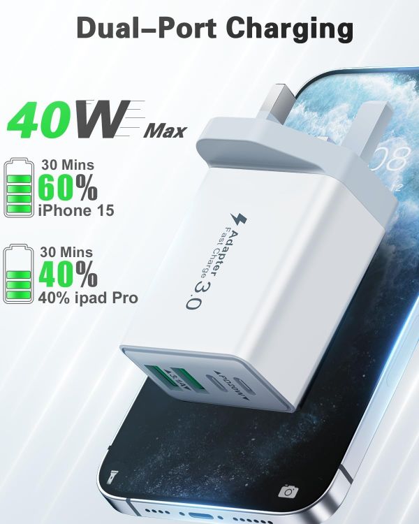 Picture of 2-Pack 40W USB C Plug, Multi UK USB Plug Fast Charger Plug Multiple Charging Head 4-Port Dual Type C Power Adapter Multiport Wall Plug for iPhone 16 15 14 13 12 11 Pro Max Plus X XS XR 8,iPad,Samsung