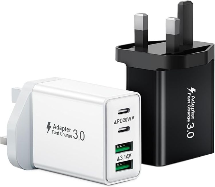 Picture of 2-Pack 40W USB C Plug, Multi UK USB Plug Fast Charger Plug Multiple Charging Head 4-Port Dual Type C Power Adapter Multiport Wall Plug for iPhone 16 15 14 13 12 11 Pro Max Plus X XS XR 8,iPad,Samsung