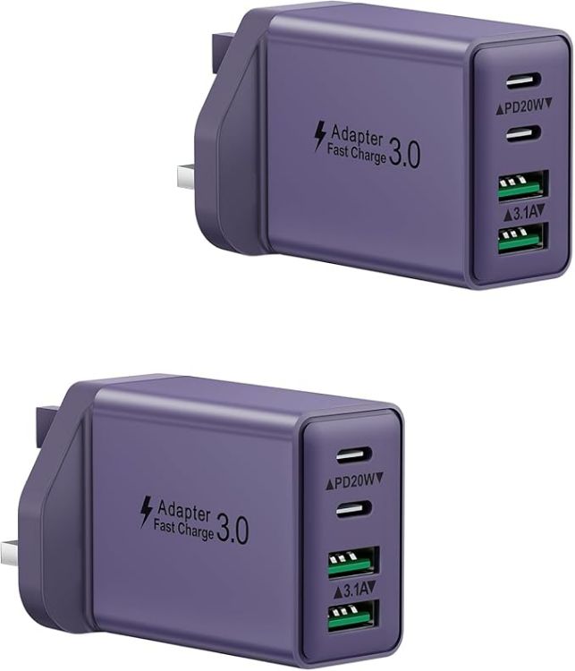 Picture of 2-Pack 40W USB C Plug, Multi UK USB Plug Fast Charger Plug Multiple Charging Head 4-Port Dual Type C Power Adapter Multiport Wall Plug for iPhone 16 15 14 13 12 11 Pro Max Plus X XS XR 8,iPad,Samsung