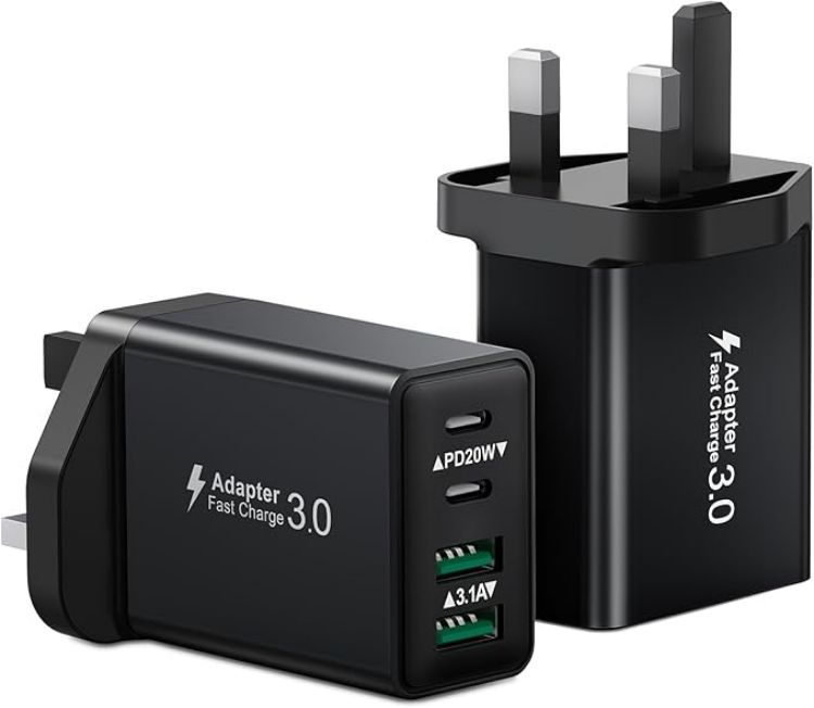 Picture of 2-Pack 40W USB C Plug, Multi UK USB Plug Fast Charger Plug Multiple Charging Head 4-Port Dual Type C Power Adapter Multiport Wall Plug for iPhone 16 15 14 13 12 11 Pro Max Plus X XS XR 8,iPad,Samsung