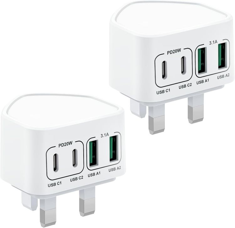 Picture of 2-Pack 40W USB C Fast Charger, 4-Port Multi Charger UK Charging Plug Dual Type C PD Power Adapter + Micro USB Plug for iPhone 17 16 15 14 13 12 11 Pro Max XR XS, iPad, Samsung