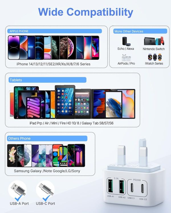 Picture of 2-Pack 40W USB C Fast Charger, 4-Port Multi Charger UK Charging Plug Dual Type C PD Power Adapter + Micro USB Plug for iPhone 17 16 15 14 13 12 11 Pro Max XR XS, iPad, Samsung