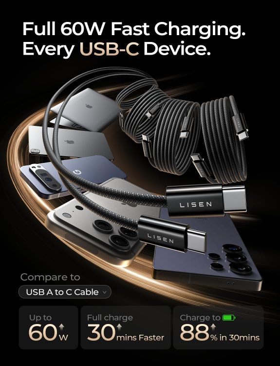 Picture of LISEN USB C to USB C Cable Charger 4-Pack [0.5/1/2/2M] for USBC to USBC Cable 60W C to Type C Charger Cables Fast Charging for iPhone 17 Pro Max 16 15 iPad Pro Air Samsung Galaxy S25 S24 Pixel Switch