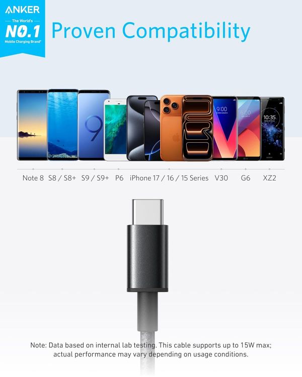 Picture of USB C Charger Cable, 2-Pack 1 ft (0.3m) USB to USB C Cable, USB A to USB C Braided Phone Charger Cable for iPhone 17/16/15, iPad Pro, Samsung Galaxy, MacBook Pro,and More