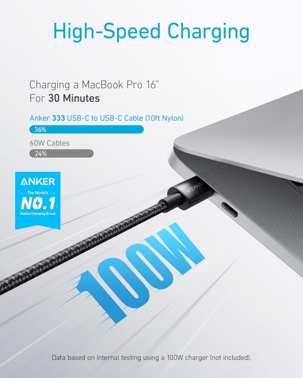Picture of Anker 333 USB C to USB C Charging Cable, (3.3ft/1m 100W, 2-Pack), Fast Charging Power Suitable for iPhone 17/16/15, iPad Pro, Samsung Galaxy, MacBook Pro,and More