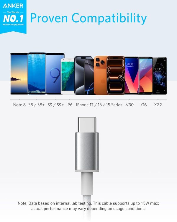 Picture of USB C Charger Cable, 2-Pack 1ft(0.3m) USB to USB C Cable, USB A to USB C Braided Phone Charger Cable for iPhone 17/16/15, iPad Pro, Samsung Galaxy, MacBook Pro,and More
