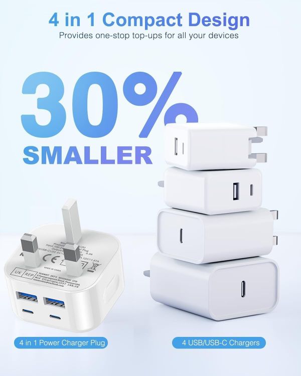Picture of USB C and USB Plug UK Fast Charge,40W Multi USB Plug Fast Charger 20W Dual USBC Power Adapter i Phone Apple Type C Plugs with USB Port Head for iPhone 17 16 15 14 13 12 11 Pro Max Plus iPad 10th A16