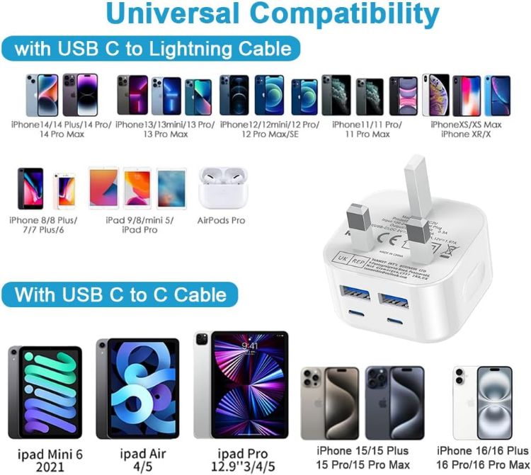 Picture of USB C and USB Plug UK Fast Charge,40W Multi USB Plug Fast Charger 20W Dual USBC Power Adapter i Phone Apple Type C Plugs with USB Port Head for iPhone 17 16 15 14 13 12 11 Pro Max Plus iPad 10th A16