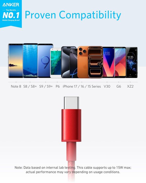 Picture of USB C Charger Cable, 2-Pack 6 ft (1.8 m) USB to USB C Cable, USB A to USB C Braided Phone Charger Cable for iPhone 17/16/15, iPad Pro, Samsung Galaxy, and More(Red