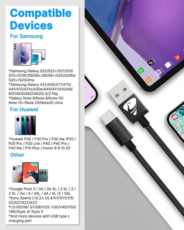 Picture of Yosou USB C Charger Cable 3M 2Pack USB A to USB C Type C Charger Fast Charging 3A Lead Nylon Braided for Samsung Galaxy S22 S21 S20 fe S10 A14 A13 A54,Huawei,Google Pixel 8 7 6 6a,Xiaomi, PS5,Switch