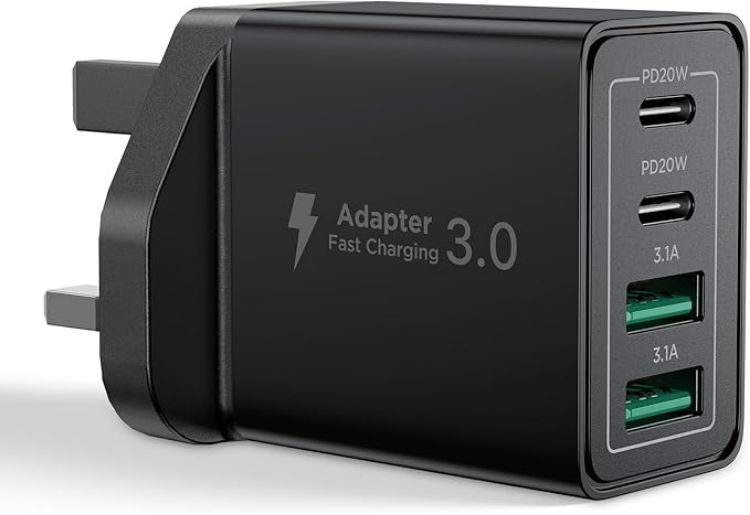 Picture of USB C Plug Fast Charge, 40W 4-Port Multi USB Charger Plug UK Dual Port PD Power Adapter +QC Wall plug Multiport Mains Type C Charging Plug for iPhone 17 16 15 14 13 12 11 Pro Max XS XR 8, Samsung, Pad