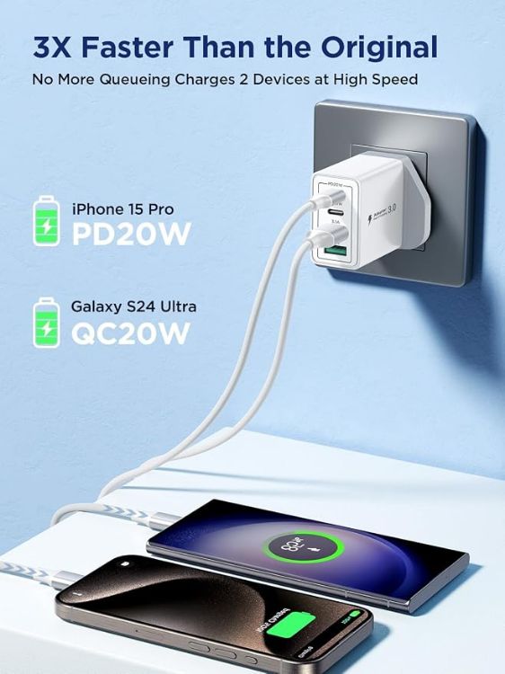 Picture of USB C Charger, 2-Pack 40W USB C Plug 4-Port Fast Charger Plug UK Dual Port USBC Power Adapter+QC Wall Charger Head Type C Charging Plug for iPhone 16 15 14 13 12 11 Pro Max Plus XS XR SE, iPad,Samsung