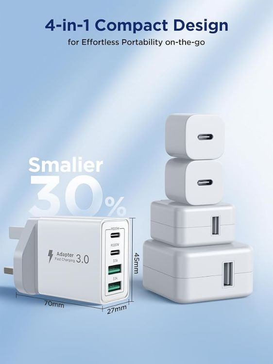 Picture of USB C Charger, 2-Pack 40W USB C Plug 4-Port Fast Charger Plug UK Dual Port USBC Power Adapter+QC Wall Charger Head Type C Charging Plug for iPhone 16 15 14 13 12 11 Pro Max Plus XS XR SE, iPad,Samsung