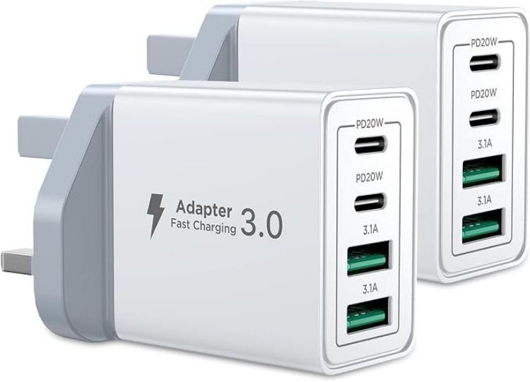 Picture of USB C Charger, 2-Pack 40W USB C Plug 4-Port Fast Charger Plug UK Dual Port USBC Power Adapter+QC Wall Charger Head Type C Charging Plug for iPhone 16 15 14 13 12 11 Pro Max Plus XS XR SE, iPad,Samsung