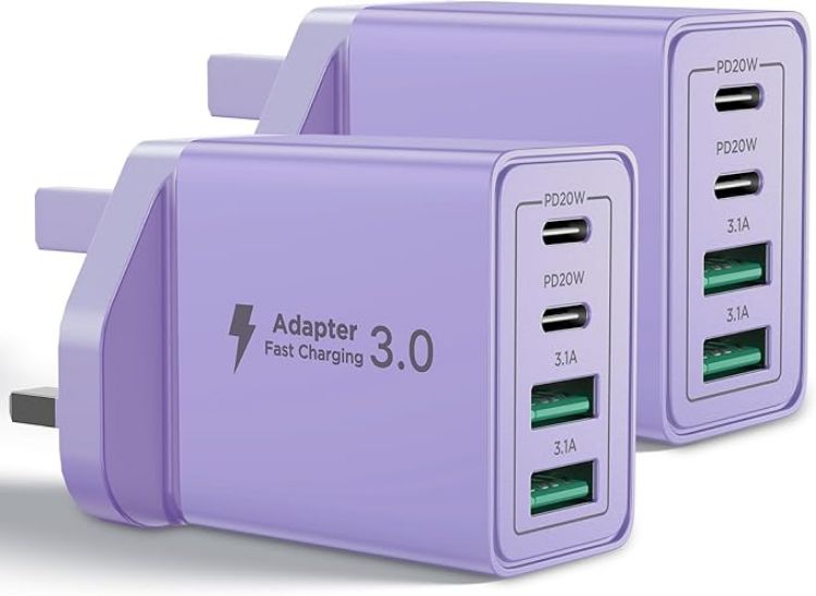 Picture of USB C Charger, 2-Pack 40W USB C Plug 4-Port Fast Charger Plug UK Dual Port USBC Power Adapter+QC Wall Charger Head Type C Charging Plug for iPhone 16 15 14 13 12 11 Pro Max Plus XS XR SE, iPad,Samsung