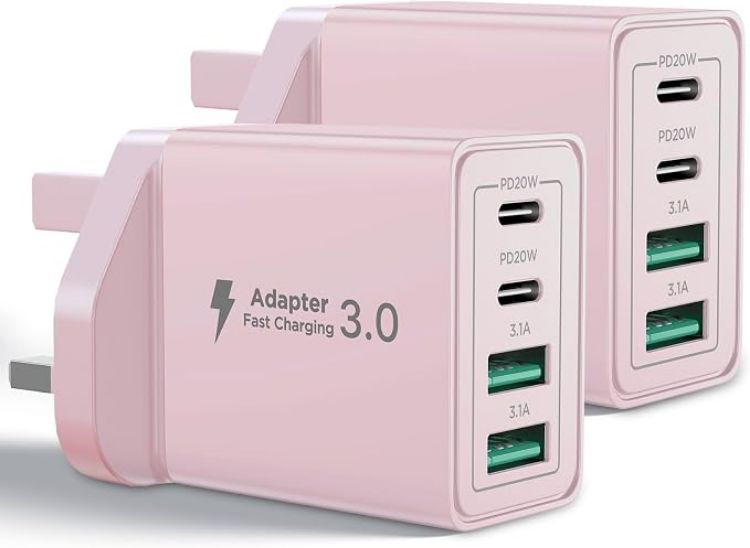 Picture of USB C Charger, 2-Pack 40W USB C Plug 4-Port Fast Charger Plug UK Dual Port USBC Power Adapter+QC Wall Charger Head Type C Charging Plug for iPhone 16 15 14 13 12 11 Pro Max Plus XS XR SE, iPad,Samsung