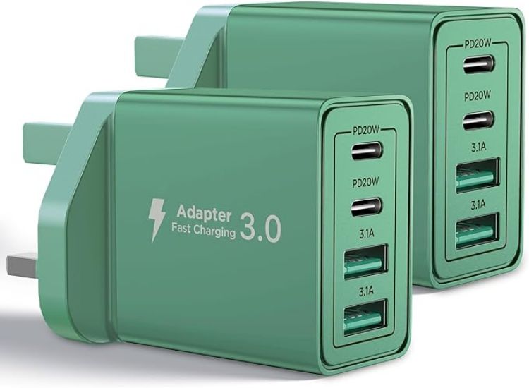 Picture of USB C Charger, 2-Pack 40W USB C Plug 4-Port Fast Charger Plug UK Dual Port USBC Power Adapter+QC Wall Charger Head Type C Charging Plug for iPhone 16 15 14 13 12 11 Pro Max Plus XS XR SE, iPad,Samsung