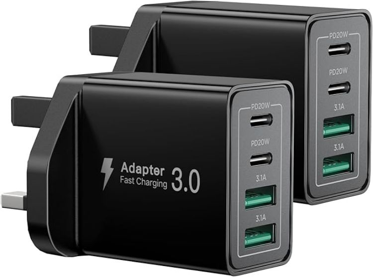 Picture of USB C Charger, 2-Pack 40W USB C Plug 4-Port Fast Charger Plug UK Dual Port USBC Power Adapter+QC Wall Charger Head Type C Charging Plug for iPhone 16 15 14 13 12 11 Pro Max Plus XS XR SE, iPad,Samsung