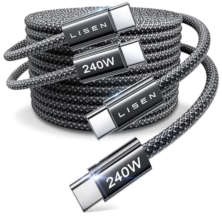 Picture of LISEN 240W USB C to USB C Cable [2-Pack 2m] USB C Charger Cable, Nylon Type C Charger Cable Fast Charging for iPhone 17 16 15 Pro Max, MacBook Pro/Air, iPad Pro, Galaxy S25 S24, Switch 2, Black