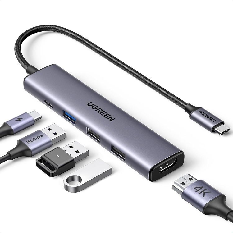 Picture of UGREEN USB C Hub, 5-in-1 USB Hub for Laptops, 4K HDMI to USB-C Adapter | 100W PD, 3 USB-A Data Ports, Aluminum Compact Multiport Adapter for MacBook Air/Pro, HP, Dell, iPad, Galaxy Dex and More