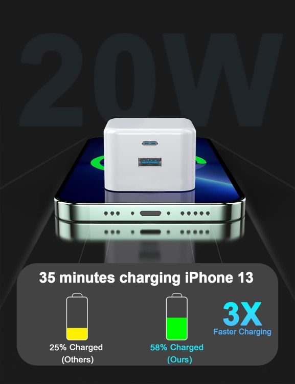 Picture of USB C Plug 20W, Apple iPhone Fast Charger Plug UK for i Phone 17/17 Air/17 Pro Max/16/16e/16 Pro Max/15 Plus/14/13/12/11/XR/XS/SE/8/7/6, Type C USBC Fast Charging for i Phone Apple Watch