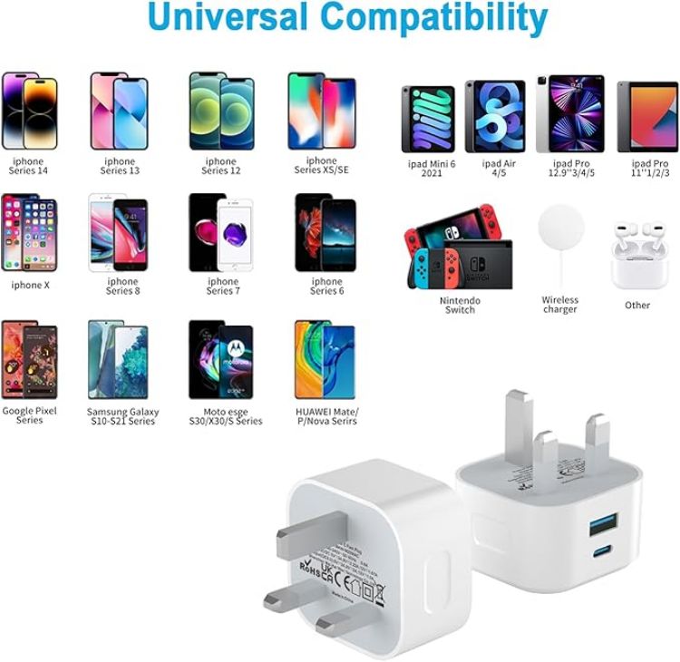 Picture of USB C Plug 20W, Apple iPhone Fast Charger Plug UK for i Phone 17/17 Air/17 Pro Max/16/16e/16 Pro Max/15 Plus/14/13/12/11/XR/XS/SE/8/7/6, Type C USBC Fast Charging for i Phone Apple Watch
