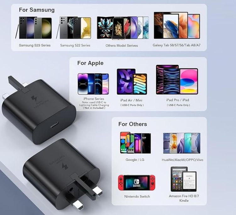 Picture of Samsung Fast Charger Plug 2Pack, USB C Samsung Charging Plug UK USBC Type C Charge For Galaxy S25 S24 S23 S22 S21 S20 A16 A15 A14 A17 A56 A55 A54 A53 A52 A50 A70 A17 A16 A15 A26 A25 A24 A23 A22