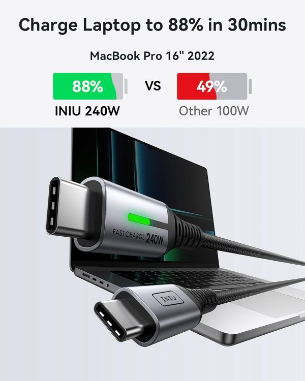 Picture of INIU USB C to USB C Cable, 240W Fast Charging Type C Charger Cord, Braided USBC Phone Charger Cable for iPhone 17 16 Pro Max Samsung S25 S24 Laptops MacBook Air 15 M3 iPad Pro [2-Pack 0.3m]