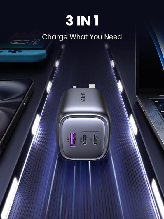 Picture of UGREEN USB C Plug 65W Nexode Foldable GaN Fast Charger 3-Port Charger | Fast Charging, Support PPS/PD3.0,Compatible with MacBook Pro/Air, iPhone 17/17 Pro/16/15, iPad, Galaxy S25/S24, and more