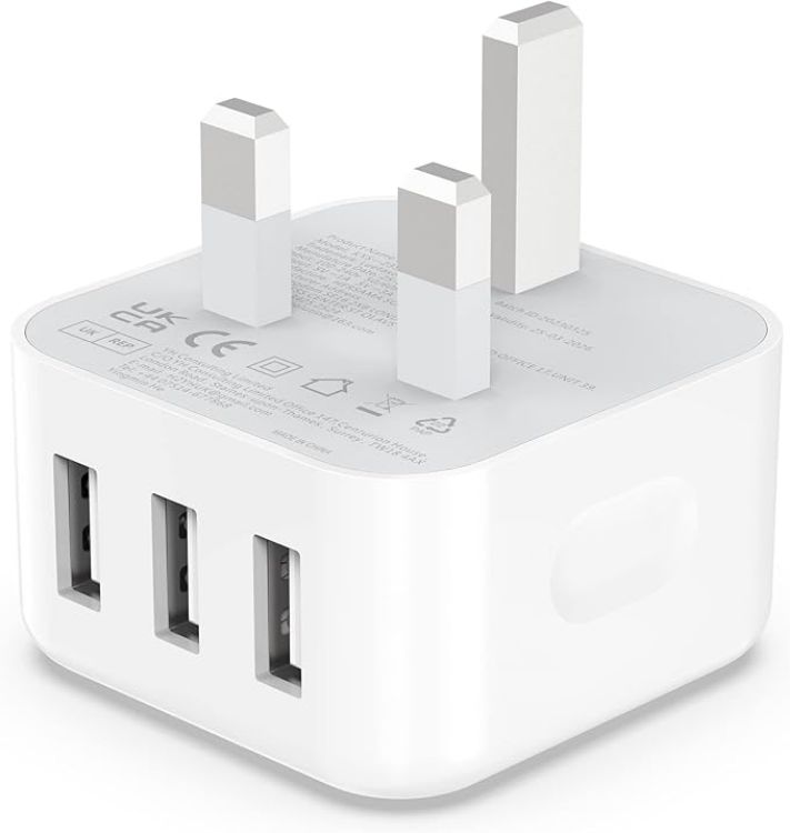 Picture of USB Plug, Multi USB Charger 5V 3A for iPhone X XR XS 8 7 6 6S Plus 5 5S 5C SE 14 14 Plus 14 Pro Max 13 12 11, Pad, UK Multiple Wall Charging Adapter Multiport Mains Power Adaptor