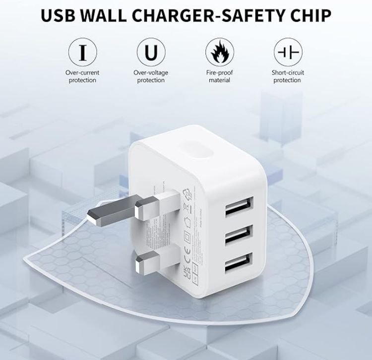 Picture of USB Plug, Multi USB Charger 5V 3A for iPhone X XR XS 8 7 6 6S Plus 5 5S 5C SE 14 14 Plus 14 Pro Max 13 12 11, Pad, UK Multiple Wall Charging Adapter Multiport Mains Power Adaptor
