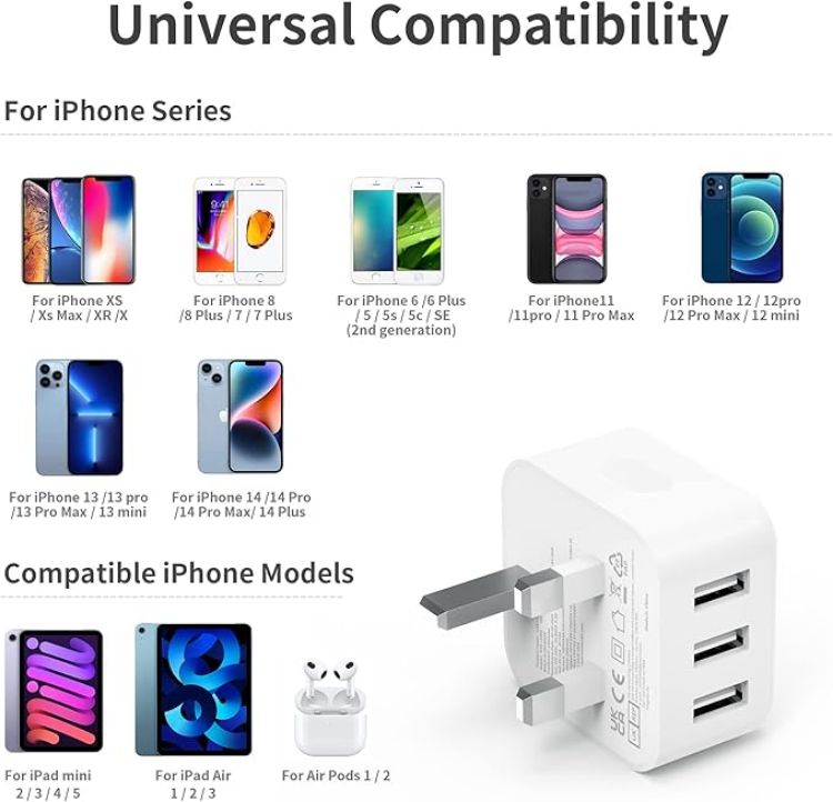 Picture of USB Plug, Multi USB Charger 5V 3A for iPhone X XR XS 8 7 6 6S Plus 5 5S 5C SE 14 14 Plus 14 Pro Max 13 12 11, Pad, UK Multiple Wall Charging Adapter Multiport Mains Power Adaptor