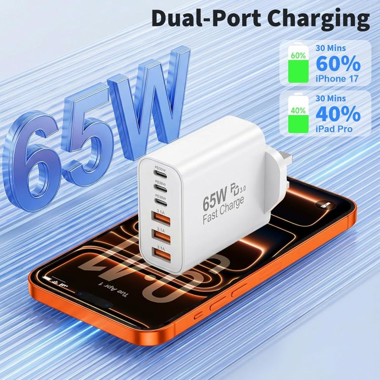 Picture of USB C Plug Fast Charge, 65W 6-Port Multi USB Charger Plug UK Power Adapter + Wall Plug port, 25W(MAX) Type C Charging Plug for iPhone 17 16 15 14 13 12 11 Pro Max XS XR8, for ipad-3 Type C+3 USB A