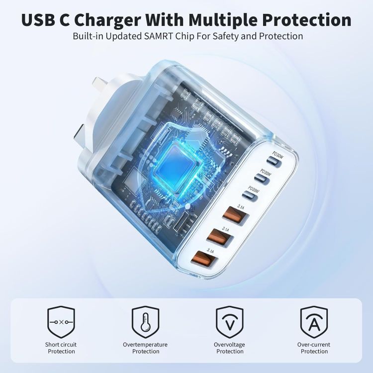 Picture of USB C Plug Fast Charge, 65W 6-Port Multi USB Charger Plug UK Power Adapter + Wall Plug port, 25W(MAX) Type C Charging Plug for iPhone 17 16 15 14 13 12 11 Pro Max XS XR8, for ipad-3 Type C+3 USB A