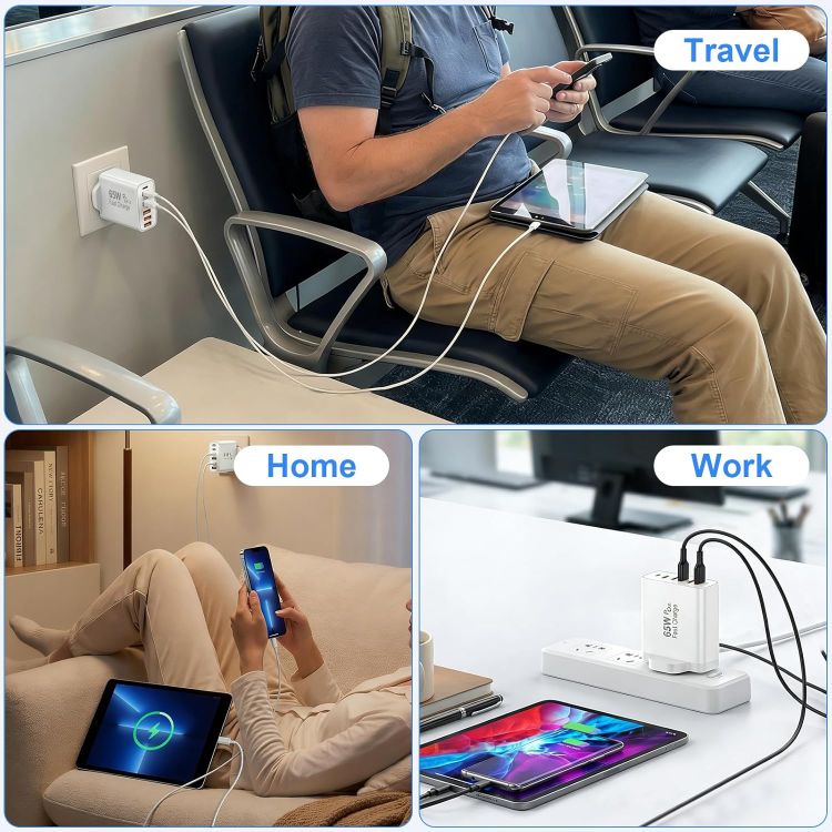 Picture of USB C Plug Fast Charge, 65W 6-Port Multi USB Charger Plug UK Power Adapter + Wall Plug port, 25W(MAX) Type C Charging Plug for iPhone 17 16 15 14 13 12 11 Pro Max XS XR8, for ipad-3 Type C+3 USB A