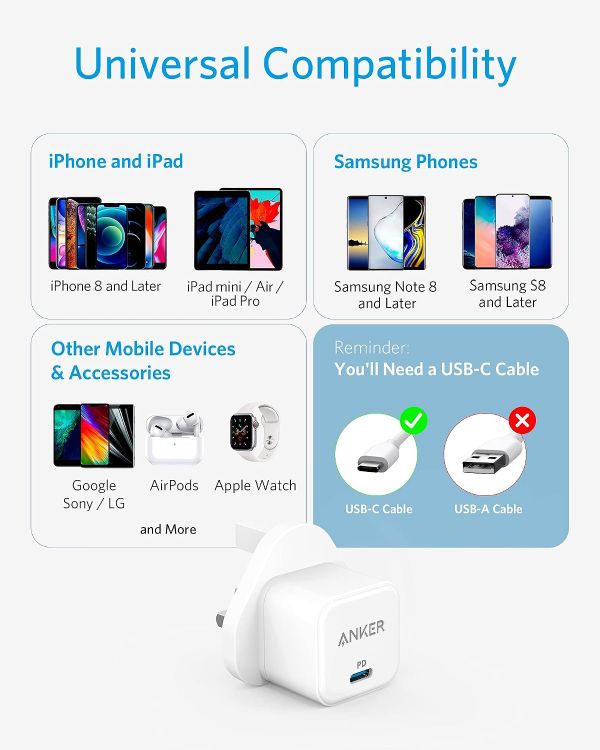 Picture of USB C Plug, Anker 20W USB C Charger, Fast Charging PowerPort III Cube Charger, Compatible with iPhone 17/16/16 Plus/16 Pro/16 Pro Max, 15/14/13/12 Series, Galaxy, iPad (Cable Not Included)