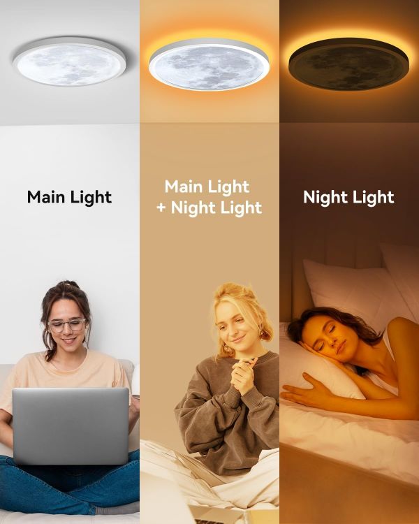 Picture of 30cm Moonlight Dimmable Ceiling Light, 24W Led Ceiling Light with Nightlight, 3000-6500K 2800LM IP44 Waterproof Lamp with Timer Memory Function for Bedroom Children's Room Hallway Dining Room