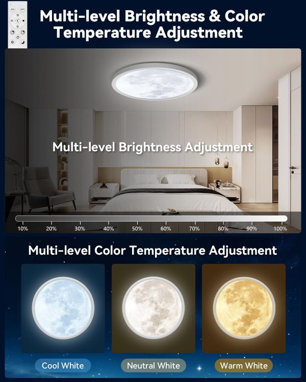 Picture of 30cm Moonlight Dimmable Ceiling Light, 24W Led Ceiling Light with Nightlight, 3000-6500K 2800LM IP44 Waterproof Lamp with Timer Memory Function for Bedroom Children's Room Hallway Dining Room