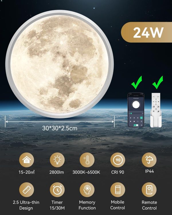 Picture of 30cm Moonlight Dimmable Ceiling Light, 24W Led Ceiling Light with Nightlight, 3000-6500K 2800LM IP44 Waterproof Lamp with Timer Memory Function for Bedroom Children's Room Hallway Dining Room