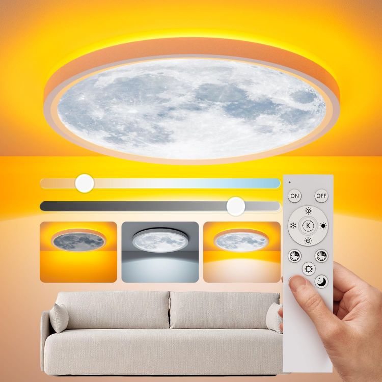 Picture of 30cm Moonlight Dimmable Ceiling Light, 24W Led Ceiling Light with Nightlight, 3000-6500K 2800LM IP44 Waterproof Lamp with Timer Memory Function for Bedroom Children's Room Hallway Dining Room