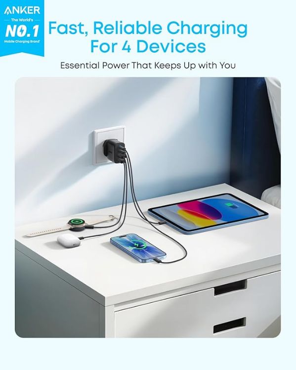 Picture of Anker Zolo 50W USB C Plug, 4-Port USB C Charger with 2 USB-C & 2 USB-A, Compact Fast Charger UK for iPhone 17/16/15/14/13 Series, iPad, Galaxy (Black, Cable Not Included)