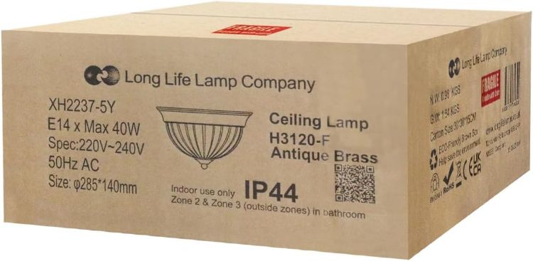Picture of Long Life Lamp Company Flush Mounted Brass Ceiling Light Frosted Glass Dome Shade Metal Surround IP44 Bathroom, Home