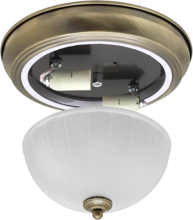Picture of Long Life Lamp Company Flush Mounted Brass Ceiling Light Frosted Glass Dome Shade Metal Surround IP44 Bathroom, Home