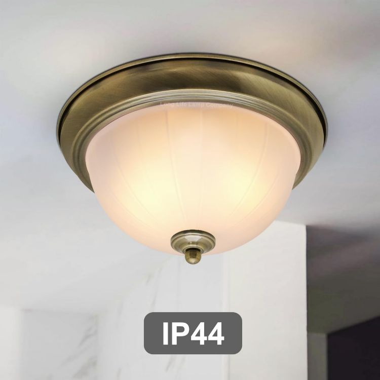 Picture of Long Life Lamp Company Flush Mounted Brass Ceiling Light Frosted Glass Dome Shade Metal Surround IP44 Bathroom, Home
