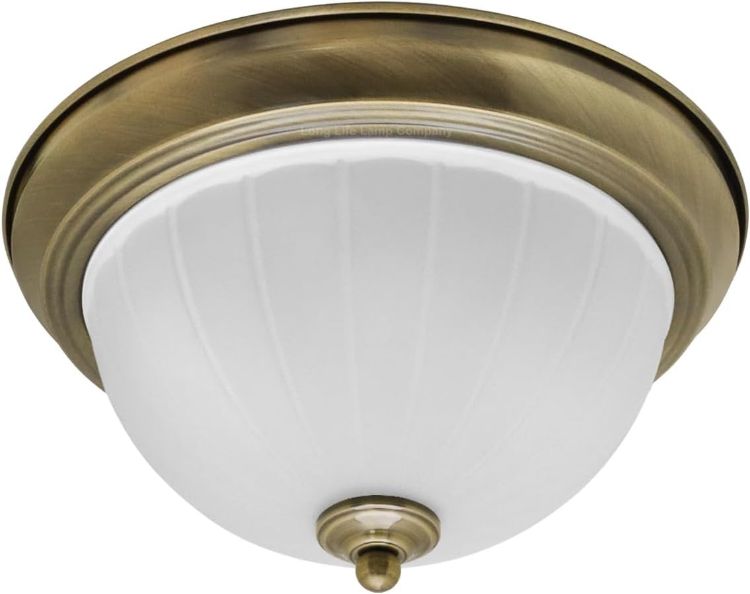 Picture of Long Life Lamp Company Flush Mounted Brass Ceiling Light Frosted Glass Dome Shade Metal Surround IP44 Bathroom, Home
